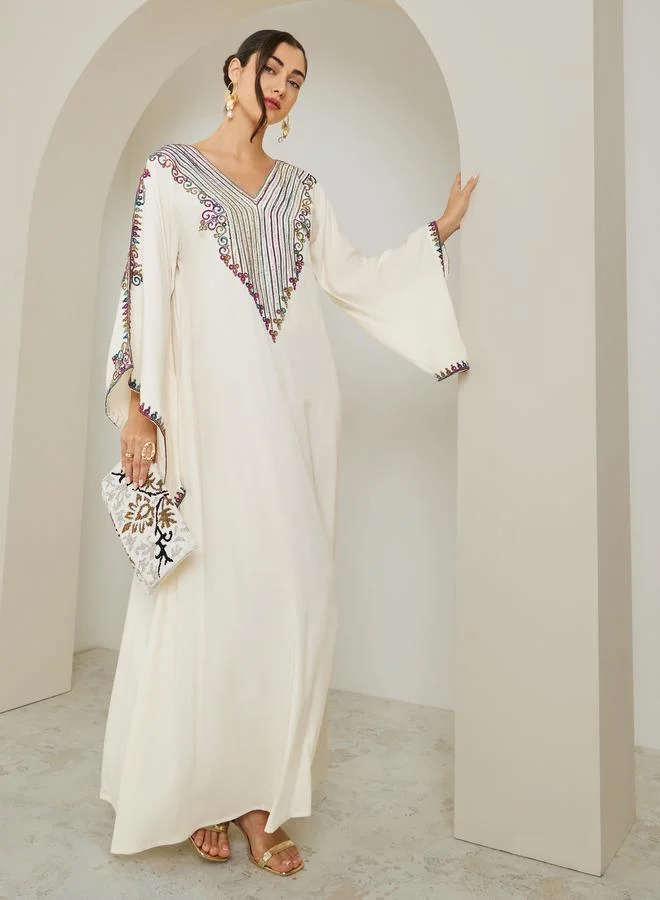 Amirah Women Cream Embroidered A-Line Jalabiya